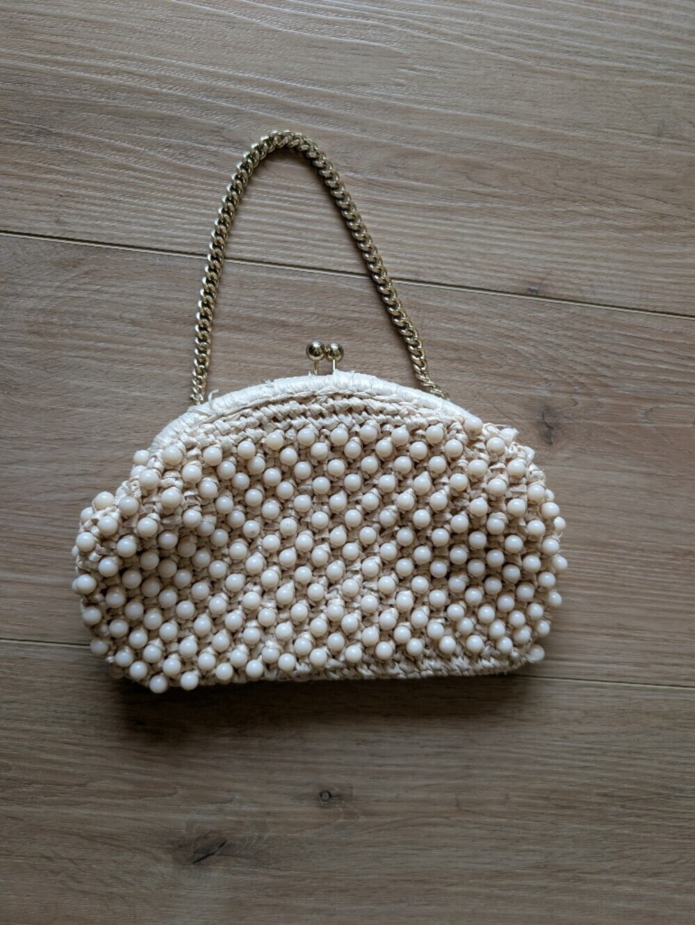 Vintage Bag By Donna Cream Beaded Handbag with Gold Chain